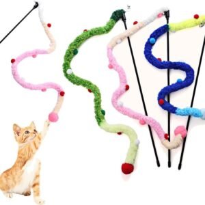 Plush Cat Wands, 3 PCS Charm Teaser Toys Interactive Cat Stick Colorful Teaser Wands for All Breed Sizes