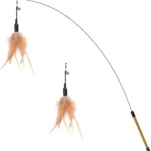 Feather Teaser Cat Toy - Interactive Wand with Extra Long 34.5" Wand and Small Bell, Fun Exerciser Playing Toy for Kittens or Cats, Brown Feather