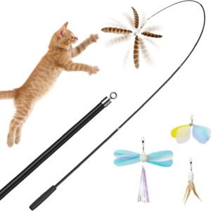 Natural Feather Cat Toys for Indoor Cats Retractable Kitten Wand 60inch Safe Hunting Distance Interactive Toys for Kittens with 4Pcs Senses Replacement Teasers Arouse Desire to Hunt