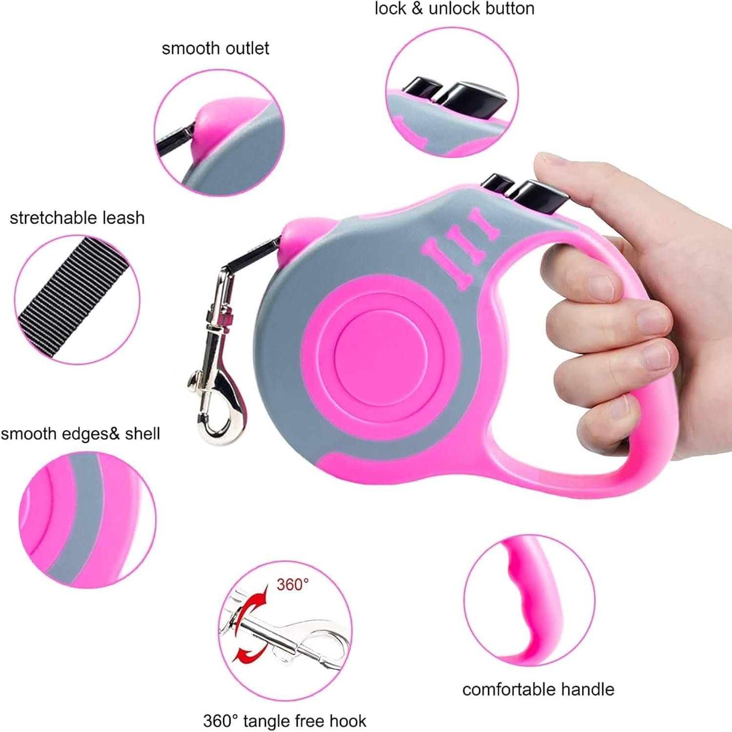 Retractable Dog Leash Lightweight 10/16FT Leash with Non-Slip Handle, for Small Dogs Puppy(Gray Pink, 10FT) - Image 2