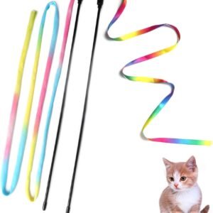 Cat Wand Toys Interactive Kitten Toys for Indoor Cats Colorful Teaser Wand String for Exercise Kitten Stick Kitty Rope Toy Rainbow Ribbon Cat Charmer -2Pcs