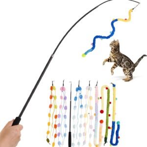 Cat Wand Toy, 8Pcs Retractable Plush Srtip Cat Teaser Wand Toys with Bell & String, Long Interactive Wand Toys for Indoor Kitten, Exercise