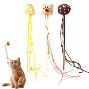 Cat Wands for Indoor, Interactive Teasing Stick Plush Cheese & Toast with Tassel Balls Cute Kitten Wand Safe Kitty Toy for All Breed Size