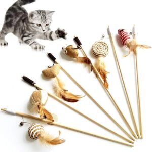 6pcs 40cm Feather Linen Wand Cat Catcher Teaser Stick Interactive Toys Wood Rod Mouse Toy with Mini Bell