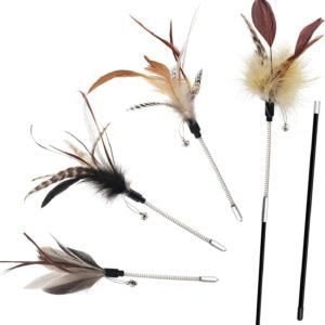 Cat Feather Wand Toy - Cat Teaser Toy Wand with 4 Flexible Spring Feather Refills, Interactive Cat Toys for Indoor Cats Kitten