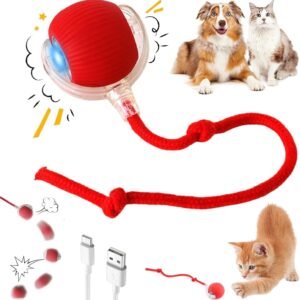 Interactive Electric Automatic Rolling Moving Rechargeable Self Play Stimulation Toy,Smart Pet Chase Ball with Speedy Tail Rope for Bored Indoor Cats Enrichment,stimulating Dogs Toy Small Dogs (Red)