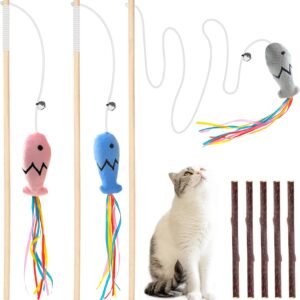 Fashion&cool Cat Wand Toy, 3pcs 16 Inch Natural Wooden Teaser With 5 Pcs Silvervine Sticks, Interactive Elastic String Stick Pole for Indoor Cats