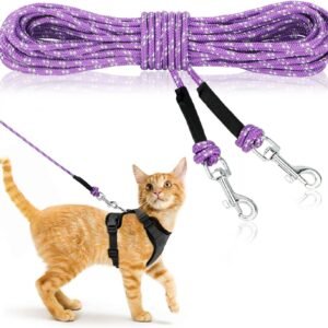 Reflective Cat Long Leash - 15 FT Escape Proof Walking Leads Yard Long Leash Durable Safe Personalized Extender Leash Traning Play Outdoor for Kitten, Puppy, Rabbit and Small Animals(Purple-S)