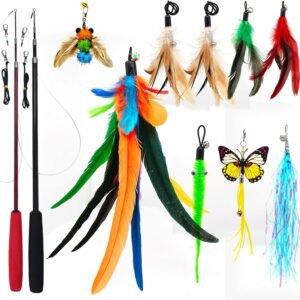 Cat Toys Interactive for Indoor Cats, 2PCS Ultra-Long Teaser(50"+38")+9PCS  Feather Refills, Fishing Pole Toy,Retractable Cat Wand Toy and Feather Toys Refills Attachment Replacement