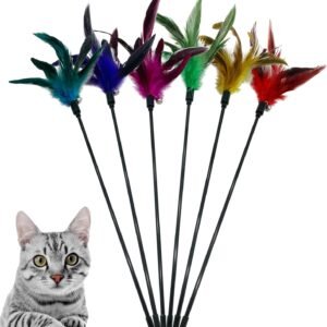 Cat Wand Toy Feather Stick Cat Toys, 6 Pieces Interactive Cat Toy Feathers Wand for Indoor Cats (A)