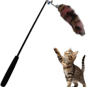Interactive Cat Wand Toy with Cat Dancer, Retractable Feather Fox Tail Teaser for Indoor Cats, Enrichment Play Kittens to Senior Cats (Soft Pink)