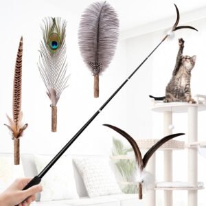2025 Latest Cat Wand Toy, 68”Extra Long Cat Fishing Pole Toy, 4PCS Natural Huge Feather Refills with Silvervine Sticks for Indoor Cats Kitten Kitty Teeth Cleaning Exercise Accessories